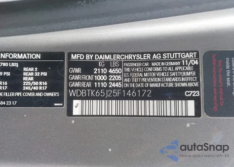 2005 Mercedes-Benz Clk 320 из США, поврежденный, VIN WDBTK65J25F146172